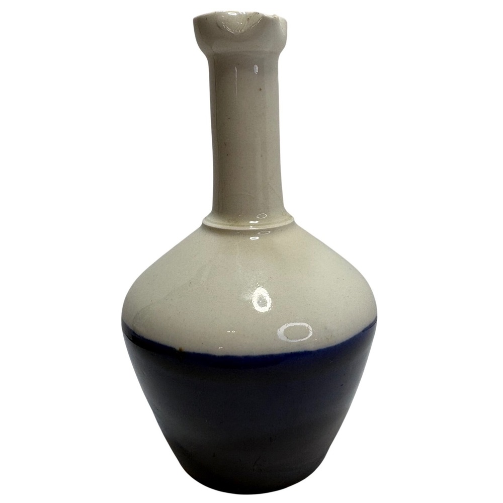 French Hand Thrown Ceramic Stoneware Decanter Wine Oil Bottle Blue Cream Vintage